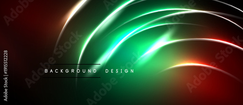 Abstract neon lines create dynamic curves. Green, red gradients blend into black background. Text reads background design.