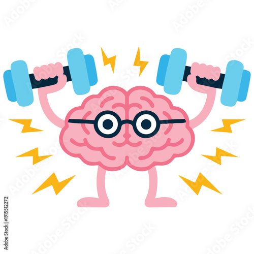 Strong Pink Smile Brain Character with Glasses Easily Swinging a Dumbbell Vector