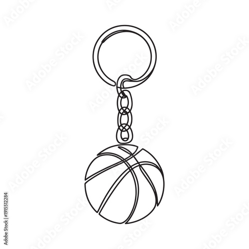 A black and white line drawing depicting a key ring with a basketball charm hanging from it