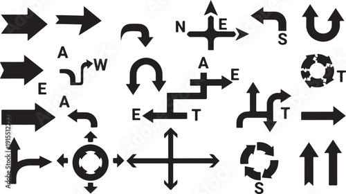 Collection of various black directional arrows and symbols