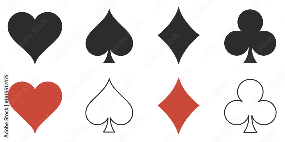 Fototapeta premium Hearts, Spades, Diamonds, and Clubs Vector Icon Collection, Black Playing Card Symbols Representing Four Card Suits for Gaming, Casino Graphics, and Vector Illustration.