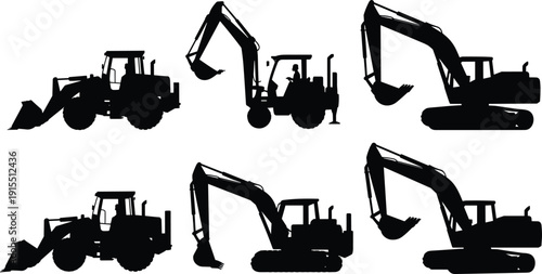 Set of heavy construction machinery silhouettes including wheel loader and excavator vehicles, isolated on white background for excavation, earthmoving, mining and industrial building work.