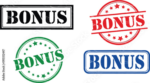 Bonus stamp collection vector set with grunge rubber seal typography labels in red green blue