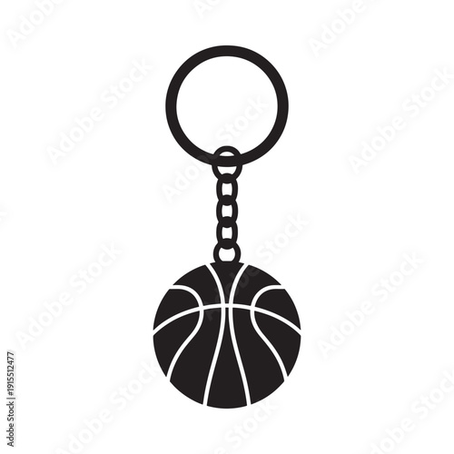 Black and white icon depicting a basketball keychain with a metal chain and ring detail