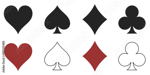 Hearts and Spades, Diamonds and Clubs Card Vector Set, Black Playing Card Icons Featuring Four Card Suits Symbols for Games, Casino, and Design Projects.