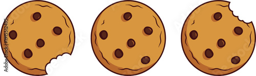 Chocolate chip cookie collection vector illustration with bitten and whole biscuit dessert isolated on white