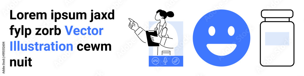 Fototapeta premium Healthcare, wellness, medical education, telemedicine, treatment, consultation. A doctor pointing, a happy face and a medicine bottle are . Healthcare and wellness illustrated