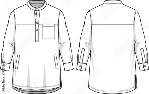 Men’s shirt technical flat sketch, front view, back view, band collar, button placket, chest pocket, welt pockets, button cuffs, yoke seam, curved hemline, garment construction