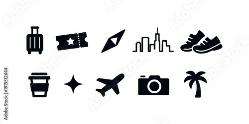 Travel and tourism silhouette icon set. Vacation and holiday symbols.