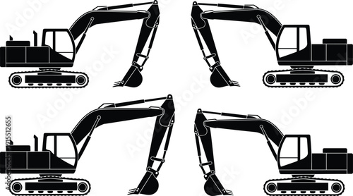 Set of hydraulic excavator silhouette icons with tracked undercarriage, construction digger machine in different positions isolated on white background for industrial design.