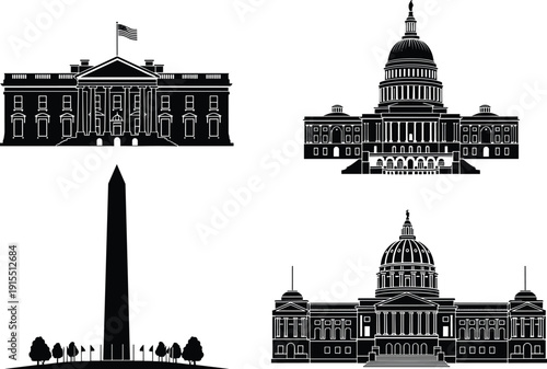 United States Government Landmarks Silhouettes Featuring White House Capitol Building Washington Monument and Historic Federal Architecture Vector Illustration Set