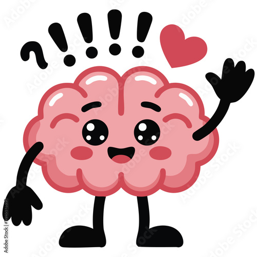 Cute Happy Cartoon Brain Character with an Exclamation Mark for Solution Concepts