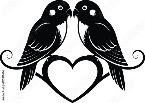 Two Lovebirds Perched on Heart Branch Illustration, Romantic Parrot Couple Silhouette, Valentine Wedding Day Graphic, CAD Drawing Flat Vector Illustration Design Element
