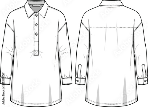Men’s shirt technical flat sketch, front view, back view, classic collar, button placket, pleated detail, long sleeves, button cuffs, yoke seam, curved hemline, garment construction