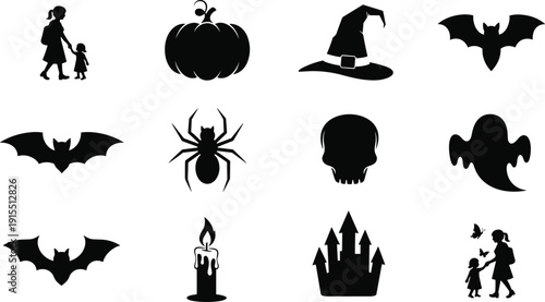 Silhouettes of Halloween icons including pumpkin, witch hat, bat, spider, skull, ghost, candle, and castle for vector design content