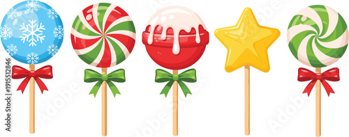 Colorful Christmas lollipop set with snowflake patterns star shapes and striped swirls decorative sweet candy suckers for holiday celebration vector illustration.
