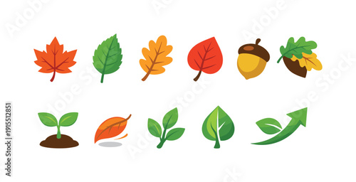 Autumn and nature flat icon set. Leaves, plants, growth graphics for seasonal projects