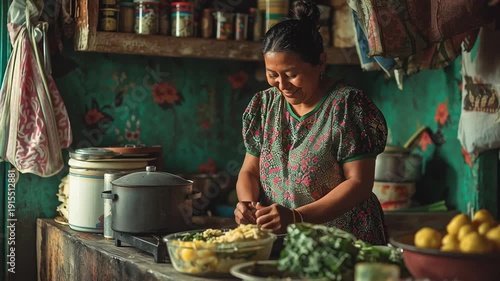 Woman preparing fresh food in rustic Latin traditional kitchen, cutting vegetables at home, authentic daily life and cooking concept