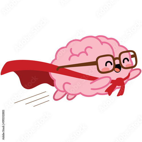 Pink Human Brain with Glasses Flying as a Hero Saving the World Concept Isolated Vector Illustration on White Background
