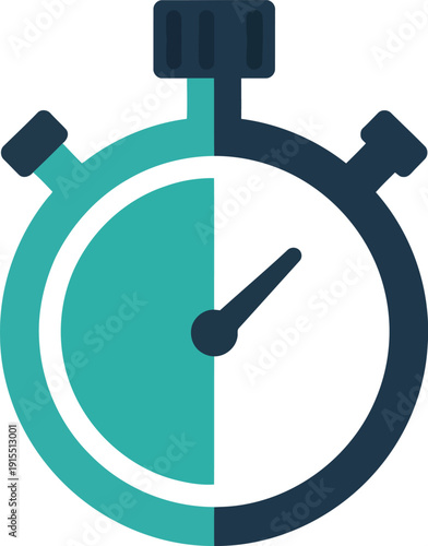 Minimalist flat icon of a stopwatch showing a thirty minute interval in teal and dark blue