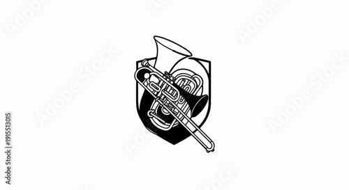 Black and white illustration of brass instruments within a shield