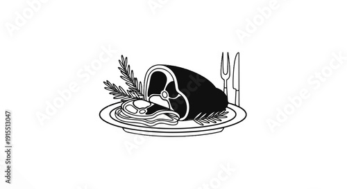 Black and white illustration of a raw meat cut with herbs and cutlery