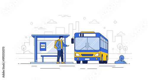 Urban Commute Illustration A Person Waits At A Bus Stop For Public Transportation