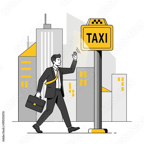 Urban Commute Businessman Hailing Taxi Downtown Cityscape Illustration