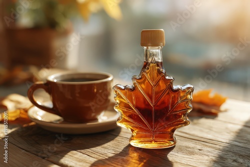 Maple Syrup Bottle and Coffee – Cozy Autumn Morning Concept