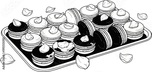Black and white illustration of assorted macarons on a platter with scattered petals