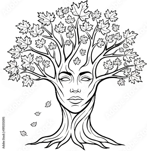 Artistic representation of a tree with a human face merged into its trunk