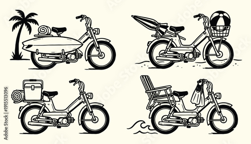 Retro Beach Mopeds Set Summer Transport Illustrations