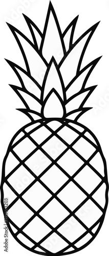 Black and white outline drawing of a pineapple with spiky leaves on top