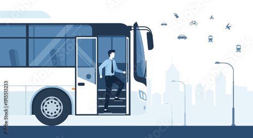 Urban Commute Transportation A Business Man Boarding A Bus To His Destination In The City
