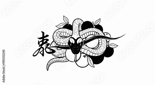 Artistic rendering of a coiled serpent amidst fruit with Chinese calligraphy