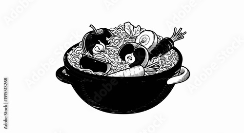 Black and white illustration of a pot overflowing with shredded vegetables, apples, and carrots