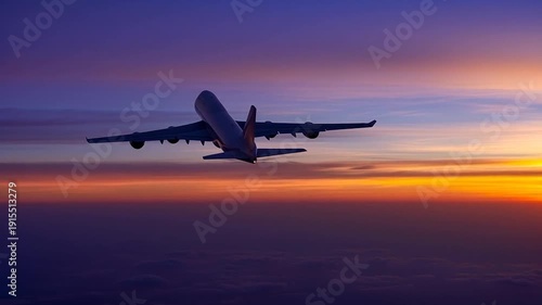 Rear View of Jet Plane Taking Off During Beautiful Sunset Dramatic Sky Background With Clouds Commercial Aircraft Climbing Altitude Aviation Business Travel and Logistics Concept Art