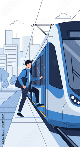 Urban Commuter Boards Modern Electric Train Amidst Cityscape Views