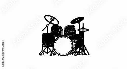 Black and white outline illustration of a drum kit with cymbals and stands