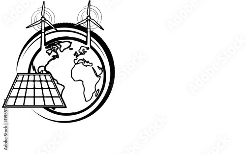 Artistic globe with wind turbines and solar panel icons, symbolizing global green energy