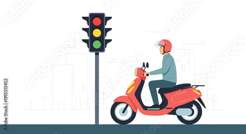 Urban Commuter Navigating Traffic Signals On A Scooter