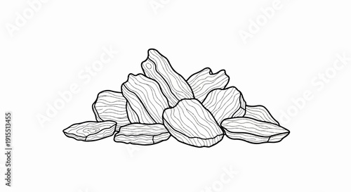 Black and white illustration of a pile of dried grapes, or raisins, with detailed lines