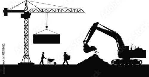 Silhouette construction scene with tower crane lifting heavy load, excavator dumping soil, and workers carrying materials with wheelbarrow, industrial building site isolated on white.