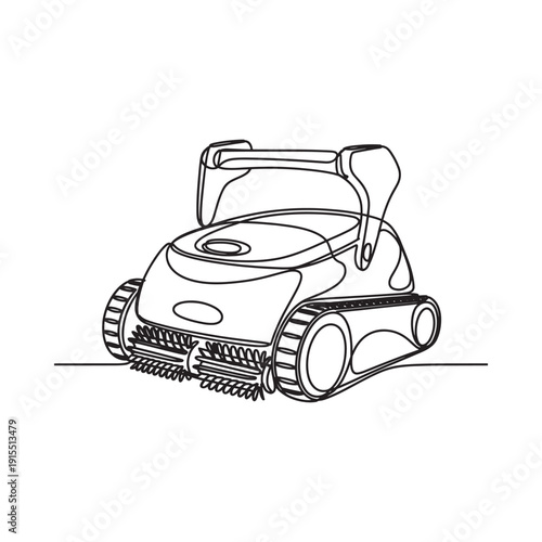 Continuous line drawing depicting a robotic pool cleaner with wheels and brushes for cleaning floors
