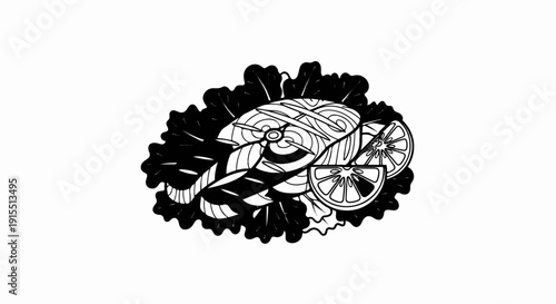 Artistic depiction of a grilled fish steak with lemon slices and lettuce