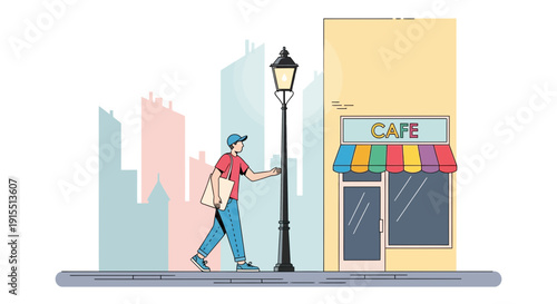 Urban Person Walking Towards a Colorful Cafe Scene
