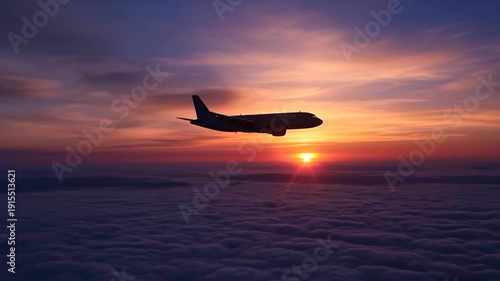 Silhouette of Passenger Airplane Flying During Sunset Over The Clouds Golden Hour Sky With Sun Lens Flare Aviation Travel Background Beautiful Evening Flight Scenery Commercial Aircraft