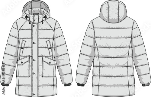 Winter jacket technical flat sketch, front view, back view, hood with drawstrings, zipper closure, snap placket, flap pockets, chest zip pockets, ribbed cuffs, quilted stitching