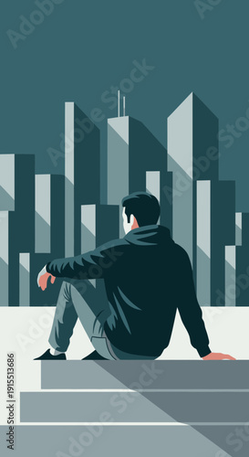 Urban Contemplation A Lone Figure Gazes At A Stylized Cityscape At Dawn