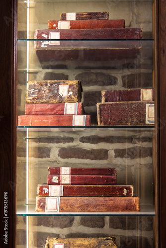 Fényképezés Antique red-bound books displayed in a wooden glass cabinet in Cairo library set